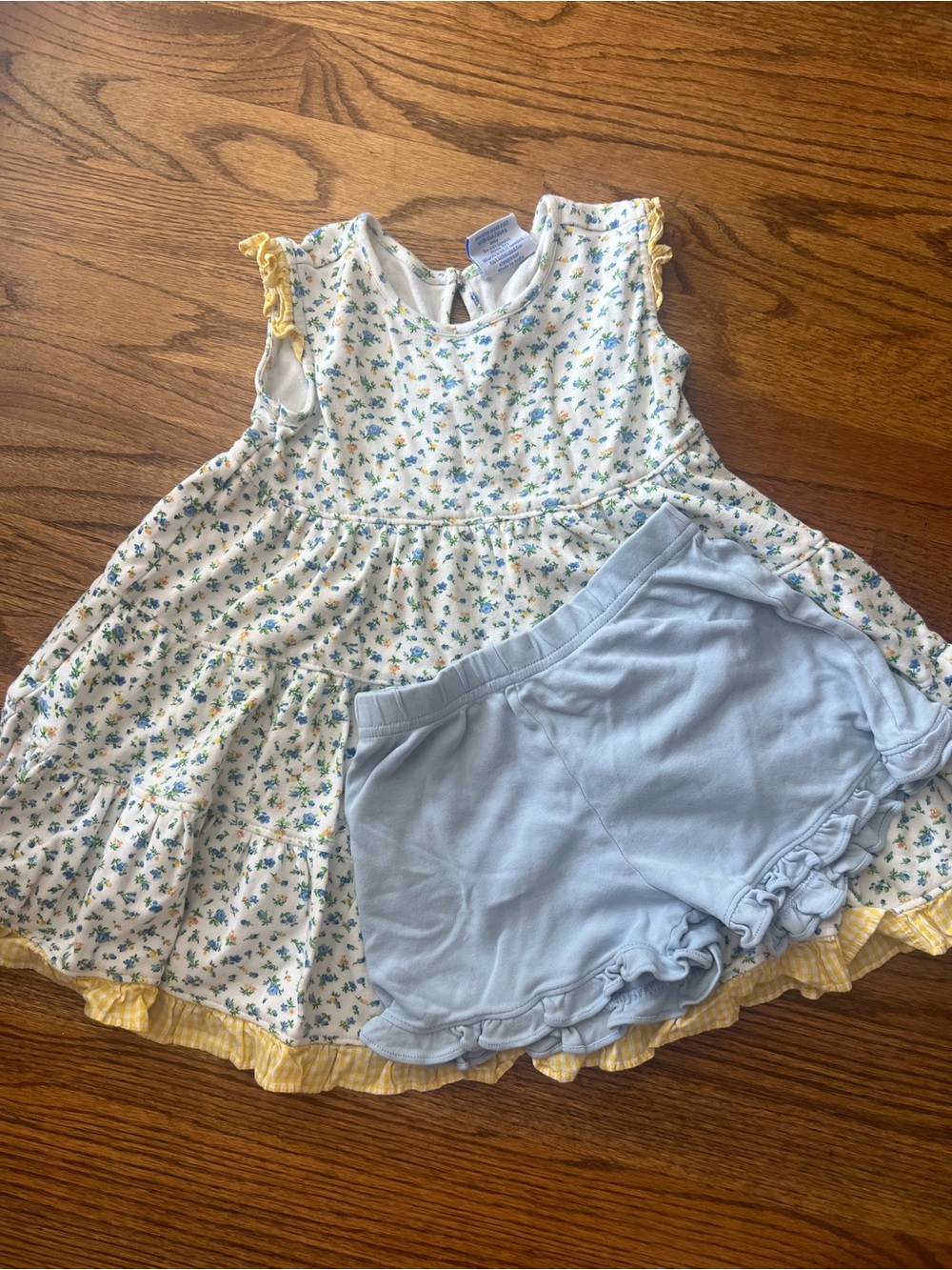 Girls’ Floral Dress (Eyelet & Ivy) & Light Blue Ruffle Shorts (Stitchy Fish)
